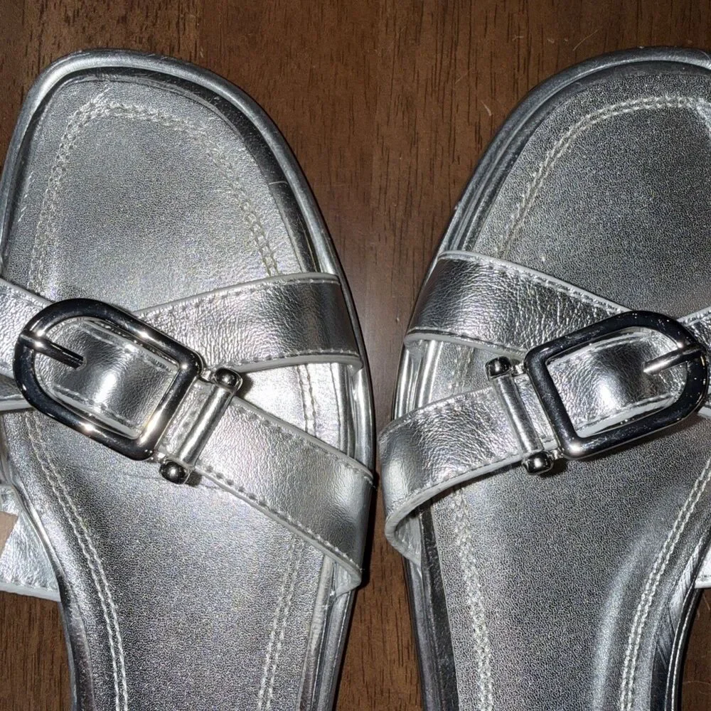 Zara Metallic Silver Strappy Slide Summer Sandals Buckle Open Toe EU38 US7 - Picture 8 of 8